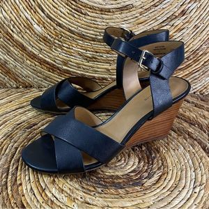 14th & Union Black Wedge Strappy Sandal Synthetic Upper Size 6 NEW